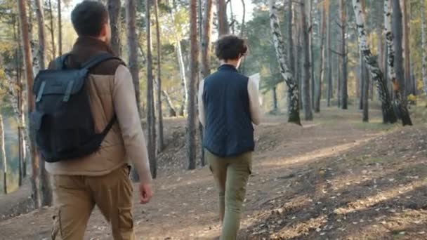 Vista trasera de la feliz pareja caminando en el bosque juntos hablando y haciendo gestos disfrutando del viaje — Vídeos de Stock
