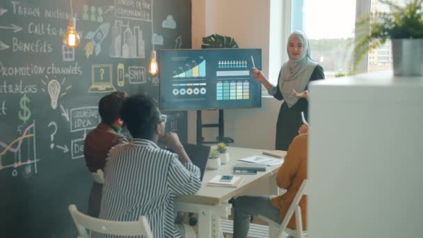 Slow Motion Moslim Vrouw Kantoormedewerker Spreken Presentatie Voor Collega Wijzen — Stockvideo