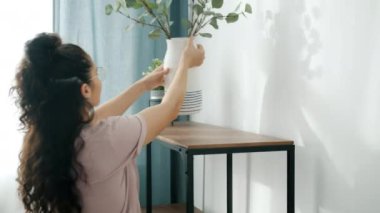Çiçeklerle dekore eden genç bir kadın saksılara ve vazolara çiçek koyuyor.
