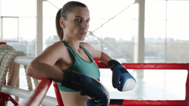 Mujer joven fuerte y confiada en uniforme de boxeo de pie en el gimnasio y mirando a la cámara — Vídeos de Stock