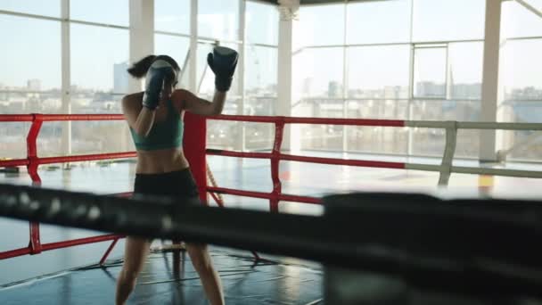 Жінка-боксер в рукавичках кидає удари один в сучасному тренажерному залі всередині боксерського кільця — стокове відео