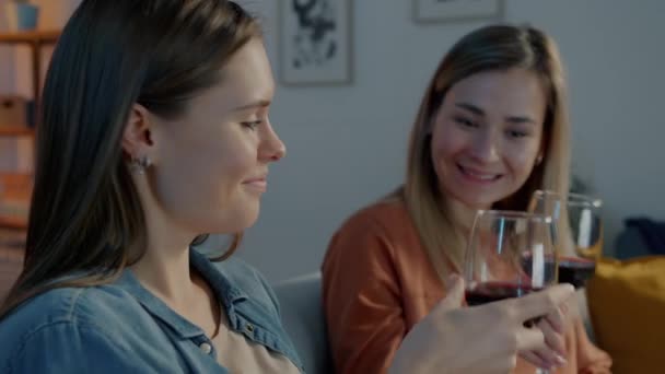 Mooie vrouwelijke studenten klinkende wijnglazen drinken en lachen tv kijken 's nachts thuis — Stockvideo