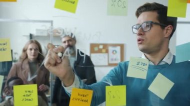 Yaratıcı iş adamı, çalışanlarıyla konuşuyor ve ofiste yapışkan notlarla cam tahtaya yazı yazıyor.