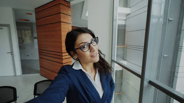 Pov Young Businesswoman Suit Taking Selfie Photo Holding Smartphone Have — Stock Photo, Image