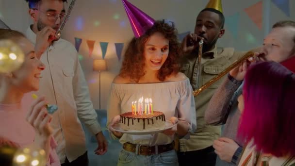 Slow Motion Cheerful Woman Celebrating Birthday Friends Blowing Candles Cake — Stock Video
