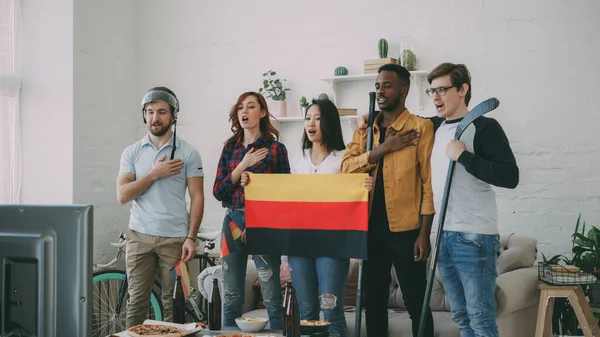 Multi Ethnic Group Friends Sport Fans Listening Singing German National — Stock Photo, Image