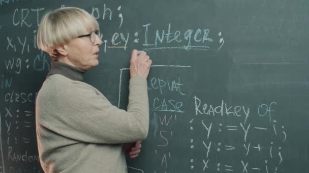 Porträt Eines Online Schullehrers Der Auf Kreidetafel Schreibt Und Fernunterricht — Stockvideo
