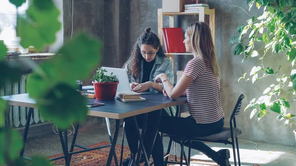 Genç Kadın Ortakları Modern Ofis Masasında Otururken Projesi Nde Birlikte — Stok fotoğraf