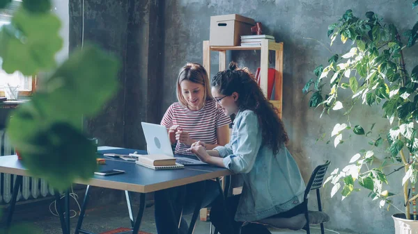 Unga Kvinnliga Samarbetspartners Arbetar Med Laptop Och Prata Mörkhårig Kvinna — Stockfoto