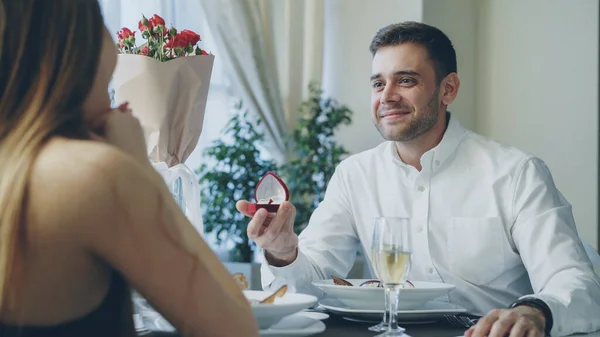 Well Dressed Handsome Guy Making Proposal Young Lady While Dining — Stock Photo, Image