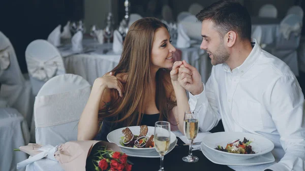 Happy Loving Couple Holding Hands Talking Kissing Romantic Dinner Luxurious — Stock Photo, Image