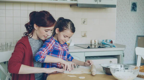 Smiling Mother Cute Funny Daughter Making Cookies Together Using Bakery — Stock Photo, Image