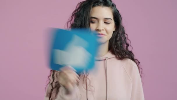 Portrait Creative Young Blogger Holding Sign Showing Thumbs Gesture Standing — Stock Video