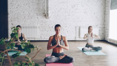Genç ve çekici ruhani kızlar yoga stüdyosunda rahatlama egzersizleri yapıyorlar. Kendi kendine gelişen enerji kavramını rahatlatıyor.