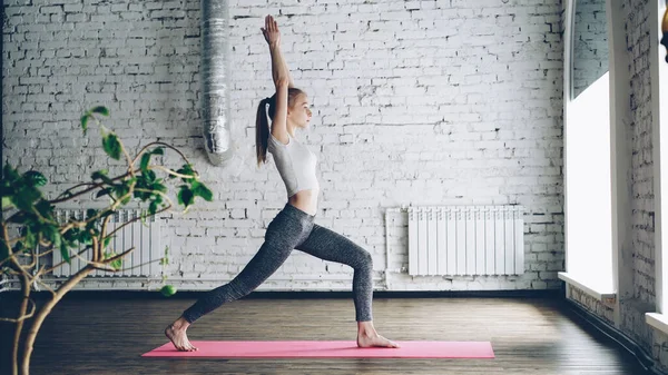 Young Slim Blond Girl Doing Yoga Complex Nice Studio White — Stock Photo, Image