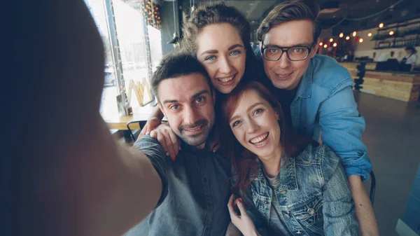 Point View Shot Cheerful Group Young Friends Recording Funny Video — Stock Photo, Image