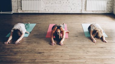 Bir grup genç insan Kral güvercin Eka Pada Rajakapotasana için hareketli yoga egzersizleri yapıyor. Kadınların konumunu sürdürmek üzerinde yoğunlaşmıştır. Aydınlık ve modern stüdyo.