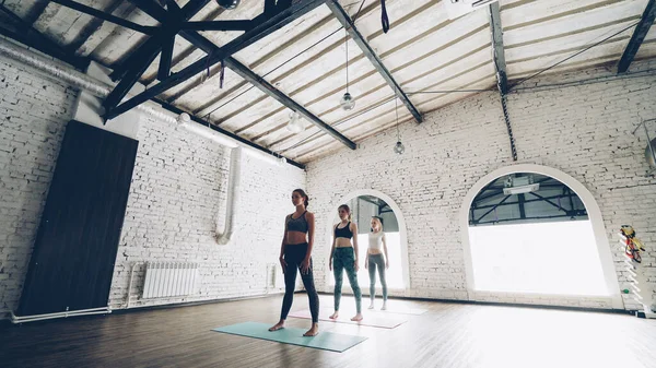 Lezione Yoga Praticare Posa Yoga Pavimento Legno Pareti Mattoni Bianchi — Foto Stock