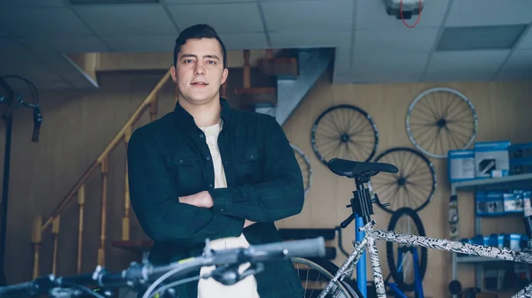 Portrait Handsome Young Man Professional Mechanic Standing Bicycle Repair Workshop — Stock Photo, Image