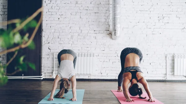 Giovane Ragazza Bionda Sta Godendo Pratica Yoga Individuale Con Istruttrice — Foto Stock