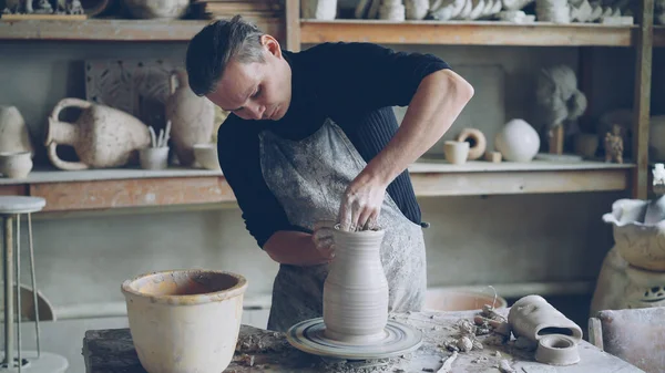 Skillful Young Potter Molding Beautiful Ceramic Vase Clay Turning Throwing — Stock Photo, Image