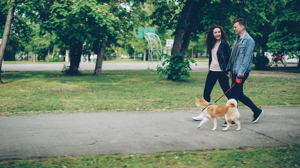 Joyeux Jeune Couple Homme Femme Promenent Chien Dans Parc Près — Photo