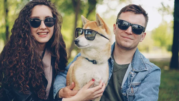 Porträtt Söt Par Och Shiba Inu Hund Alla Bär Solglasögon — Stockfoto