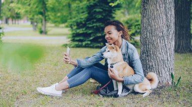Çekici genç Afro-Amerikan kız selfie sarılma ve güzel hayvan sevecen Şehir Parkı dinlenme itaatkâr köpek ile alıyor. Modern teknoloji, sevgi dolu Evcil hayvan ve doğa kavramı.