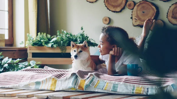 Jovem Mulher Está Acariciando Filhote Cachorro Adorável Falando Com Ele — Fotografia de Stock