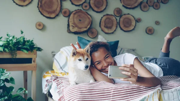 Feliz Chica Afroamericana Orgullosa Dueño Del Perro Está Tomando Selfie —  Fotos de Stock