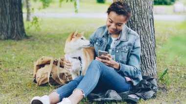 Sürmeli kız smartphone manifatura sokulgan istimal ve sevimli köpek parkında yaz hafta sonu dinlenme süre okşayarak. Modern teknoloji, insan ve hayvan kavramı.