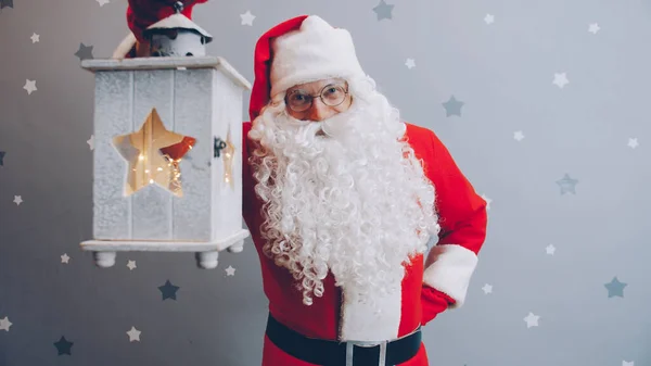 Portrait Man Santa Suit Holding Lantern Smiling Looking Camera Starry — Stock Photo, Image