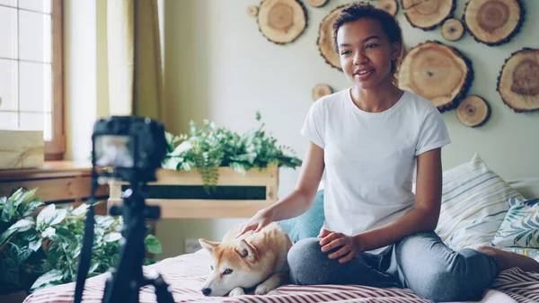 Duygusal Güzel Kız Başarılı Blogger Onu Online Vlog Modern Daire — Stok fotoğraf