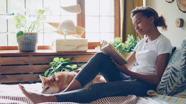 Chica Bonita Estudiante Afroamericana Está Leyendo Libro Acariciando Perro Mascota — Foto de Stock