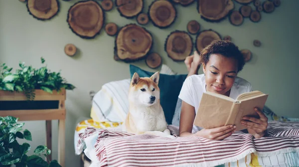 微笑的非洲裔美国学生可爱的女孩正在家里看书 而她的宠物狗躺在她附近 听话的动物和室内概念 — 图库照片