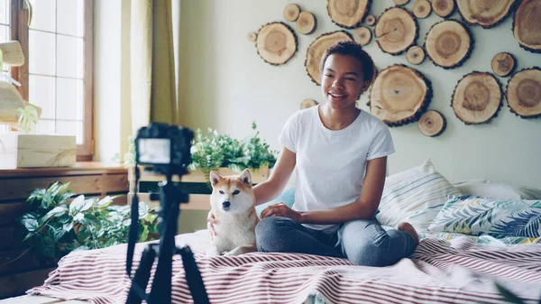 Cheerful African American Woman Popular Blogger Recording Video Her Online — Stock Photo, Image