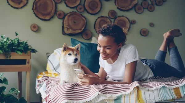 楽しいアフリカ系アメリカ人の女の子はベッドの上に横たわるスマートフォンを使用しており 優しさで彼女のかわいい犬を撫でて笑顔 現代の技術 人々やペットの概念 — ストック写真