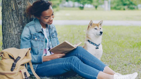 Mujer Afroamericana Amable Está Leyendo Libro Parque Acariciando Perro Sentado —  Fotos de Stock