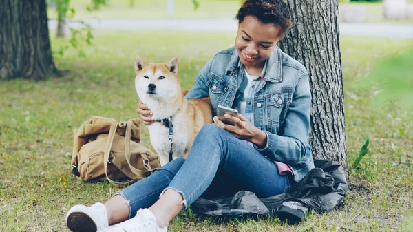 사교적인 여자는 스마트폰 친구를 주말에 공원에서 그녀의 귀여운 강아지를 다듬어 — 스톡 사진