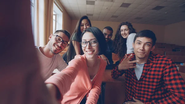 Point View Shot Funny Attractive Young Men Women Taking Selfie — Stock Photo, Image