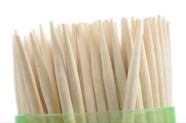 Wooden Toothpicks in Plastic Container on White Background — Stock Photo, Image