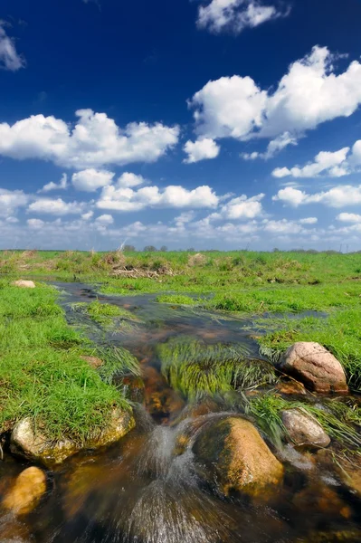 Corriente de agua en el campo y cielo azul — Foto de Stock