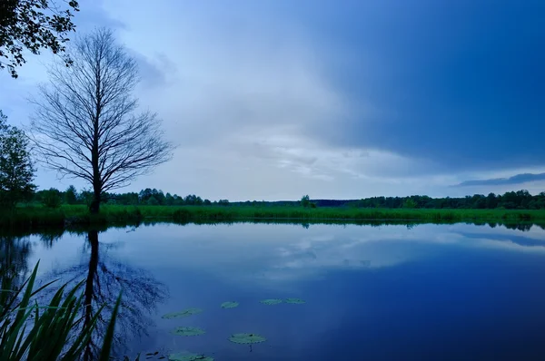 Lago tranquilo y cielo azul oscuro por la noche — Foto de Stock