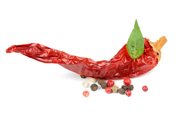 Dried Chili Pepper and Red, Black, and White Pepper Corns Isolated on White Background — Stock Photo, Image