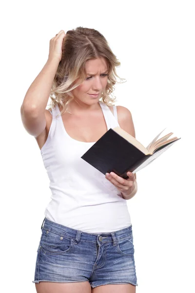 Emotion young woman readig book — Stock Photo, Image