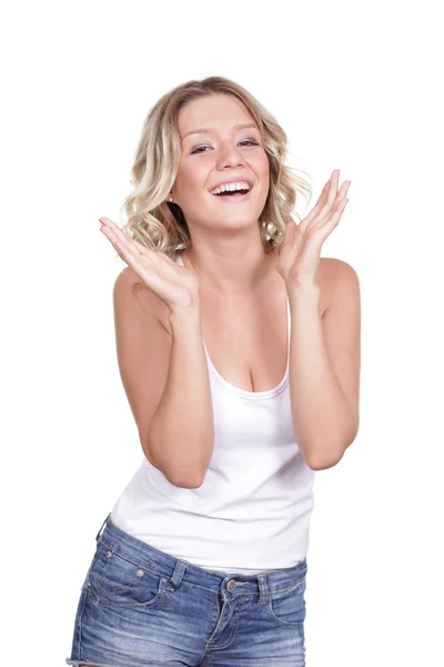 Beautiful young woman in blue short — Stock Photo, Image