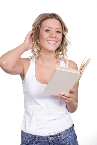 Emotion junge Frau liest Buch — Stockfoto