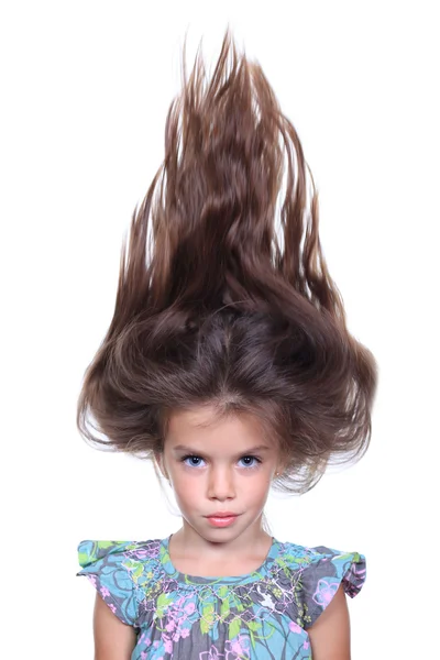 Portrait of little girl with extravagant hair on his head — Stock Photo, Image