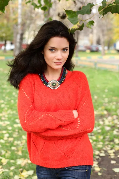 Autunno ritratto di una ragazza con un maglione rosso — Foto Stock