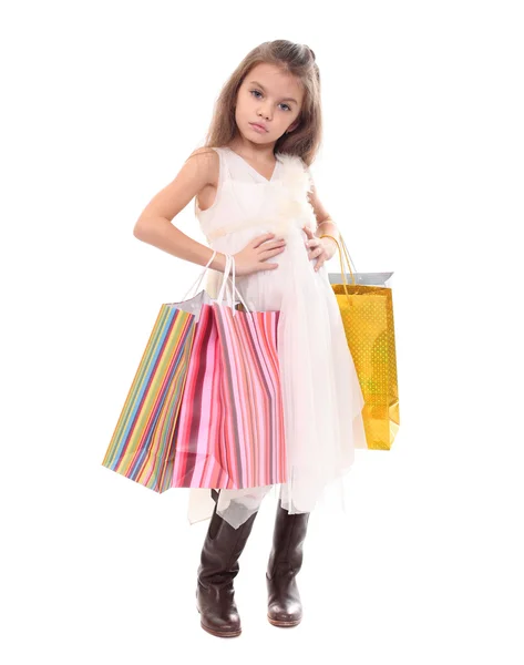 Piękne dziewczynki z torby na zakupy — Zdjęcie stockowe